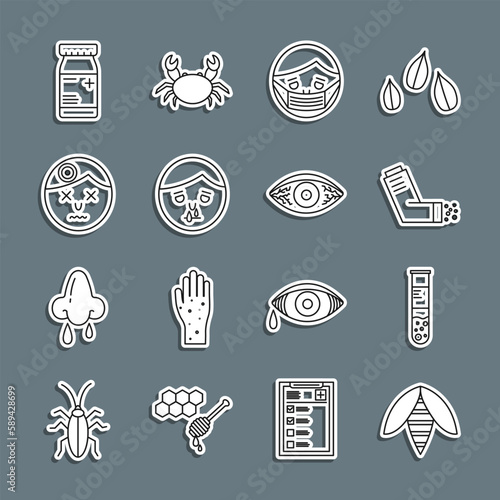 Set line Bee, Test tube and flask, Inhaler, Face in protective mask, Runny nose, Man having headache, Medicine bottle pills and Reddish eye allergic conjunctivitis icon. Vector