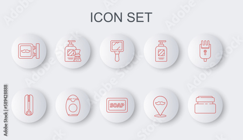 Set line Cream or lotion cosmetic tube, Curling iron for hair, Hand mirror, Barbershop, Shaving gel foam brush, Bottle of shampoo and soap with icon. Vector