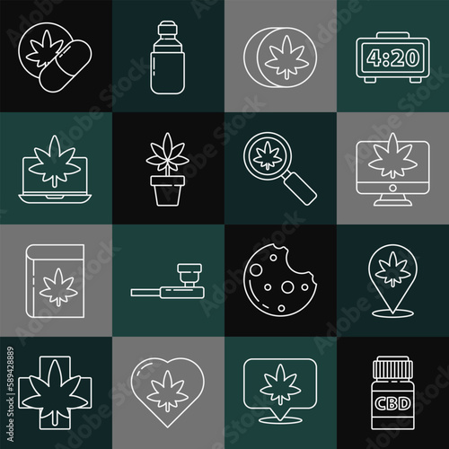 Set line Medical bottle with cannabis, Location and marijuana, Monitor or, Herbal ecstasy tablets, Marijuana plant, Laptop, and Magnifying glass icon. Vector