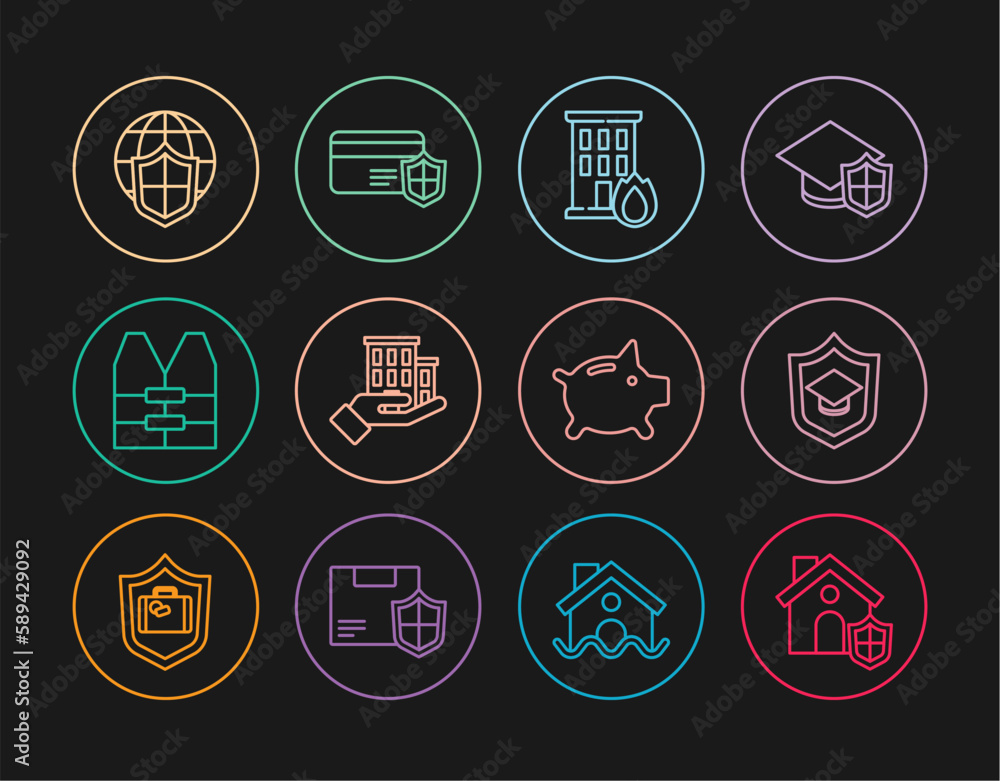 Set line House with shield, Graduation cap, Fire in burning house, insurance, Life jacket, Shield world globe, Piggy bank and Credit card icon. Vector