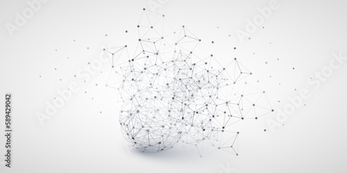 Abstract Grey Cloud Computing and Network Connections, Data Flow  Concept Design with Transparent Polygonal Geometric Mesh, Wireframe Sphere - Black and White lIllustration in Editable Vector Format