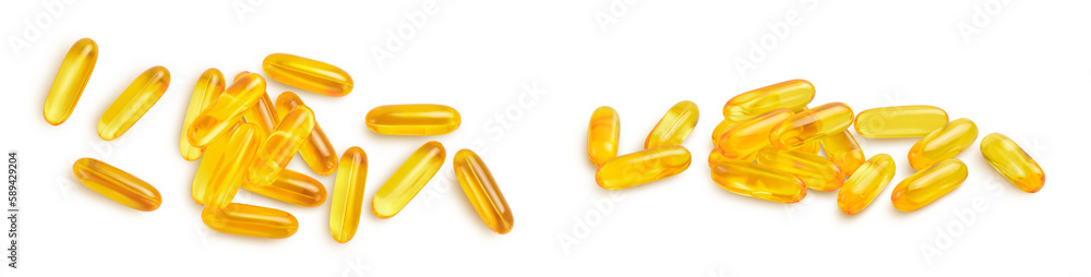 Fish oil capsules isolated on white background with full depth of field. Top view. Flat lay Fish oil capsules isolated on white background with full depth of field. Top view. Flat lay