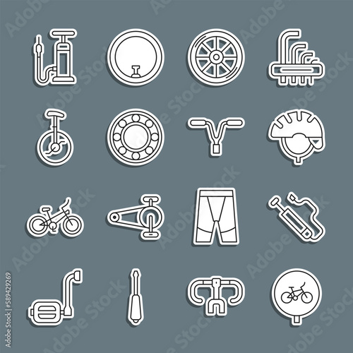 Set line Bicycle, air pump, helmet, wheel, ball bearing, Unicycle or one bicycle, and handlebar icon. Vector