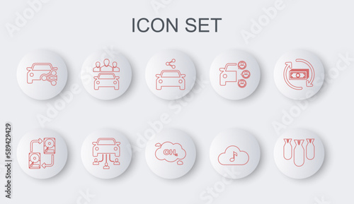 Set line Aviation bombs, Data exchange with hhd, Car sharing, Music streaming service, and Methane emissions reduction icon. Vector