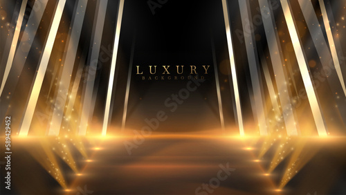 Dark corridor scene with spotlight effect decorated with golden rays and bokeh, Black luxury background.