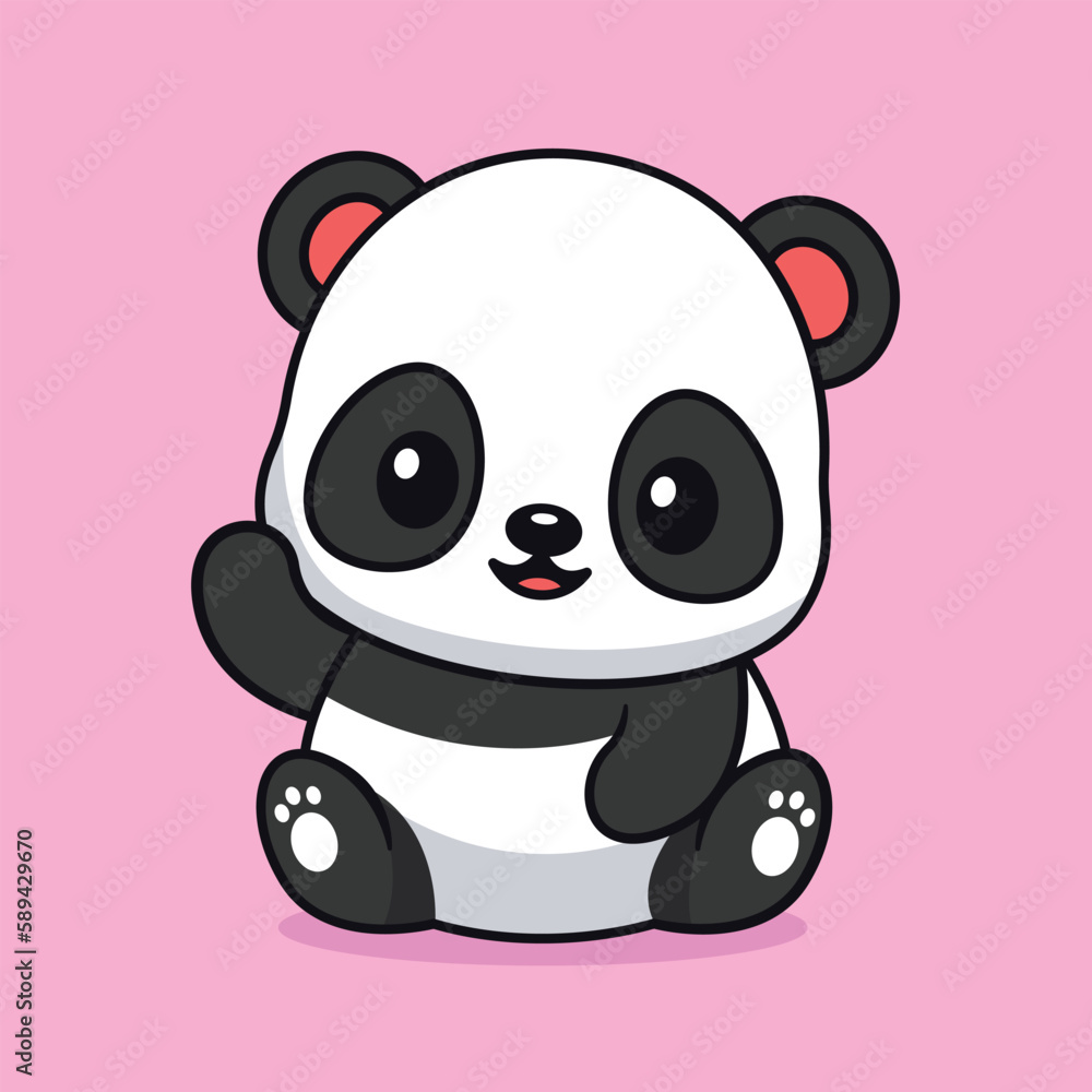 Fototapeta premium Cute kawaii baby panda sitting raising hand cartoon character vector icon illustration. Children illustration animal nature concept. Flat Cartoon Style