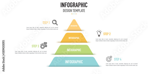 Pyramid infographic business templates or element as a vector on white background, with 4 step, process, option, colorful layer and icon for presentation or slide, simple, modern or minimal style