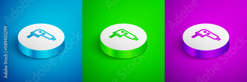 Isometric line Electric jigsaw with steel sharp blade icon isolated on blue, green and purple background. Power tool for woodwork. White circle button. Vector
