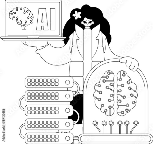 Girl gripping AI model, portrayed via vector linear style