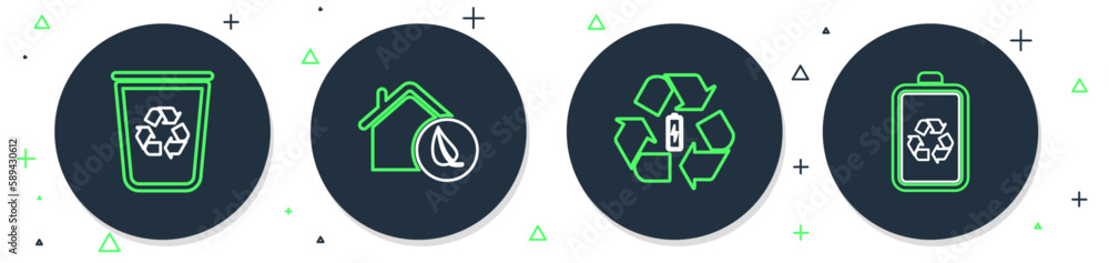 Set line Eco friendly house, Battery with recycle, Recycle bin and icon. Vector Set line Eco friendly house, Battery with recycle, Recycle bin and icon. Vector