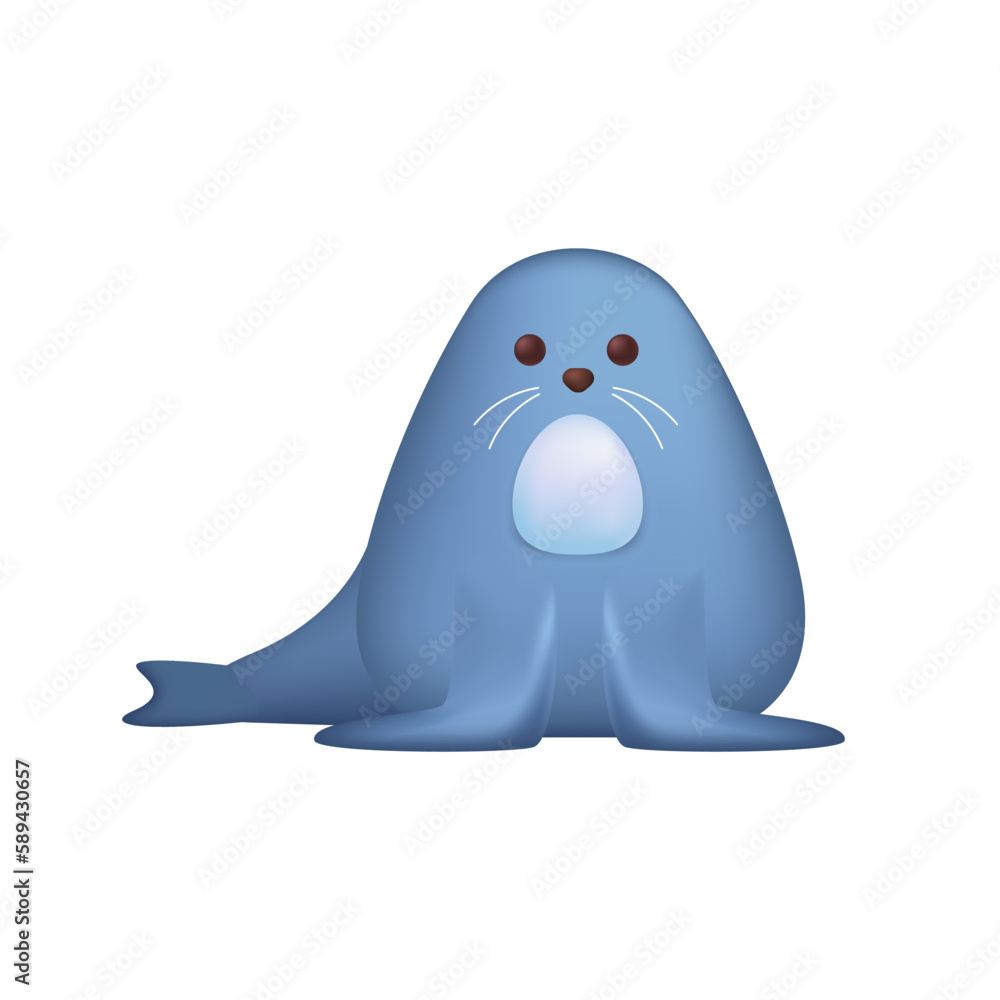 Fototapeta premium Blue seal character as kids toy 3D illustration. Cartoon drawing of adorable wild animal as mascot or gift in 3D style on white background. Wildlife, sea creatures, nature, zoo concept