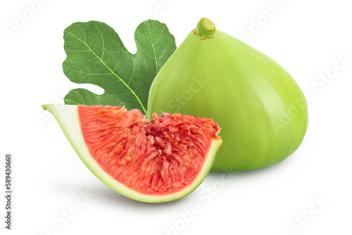 Ripe green fig fruit slice isolated on white background with full depth of field