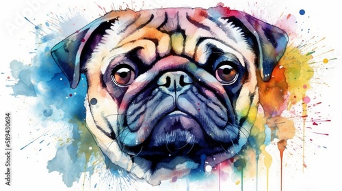 watercolor face portrait painting of pug dog puppy