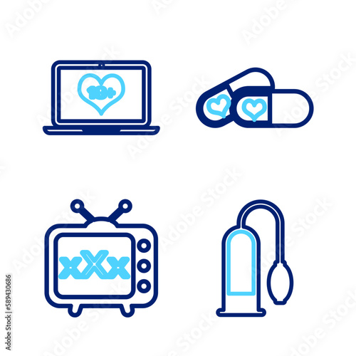 Set line Penis pump, Sex tv old television, Pills for potency and Laptop with 18 plus content icon. Vector