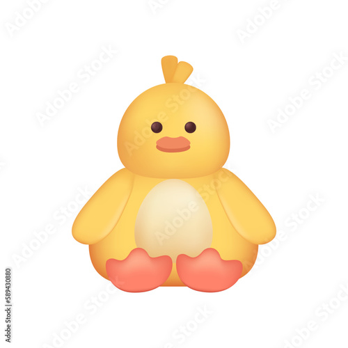Cute baby chick character as kids toy 3D illustration. Cartoon drawing of adorable yellow domestic bird as mascot or gift in 3D style on white background. Wildlife, childhood, farming concept