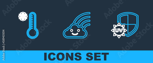 Set line UV protection, Meteorology thermometer and Rainbow with cloud icon. Vector