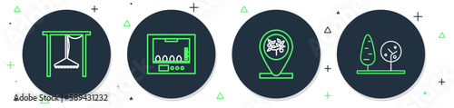 Set line Incubator for eggs, Location and tree, Automatic irrigation sprinklers and Trees icon. Vector