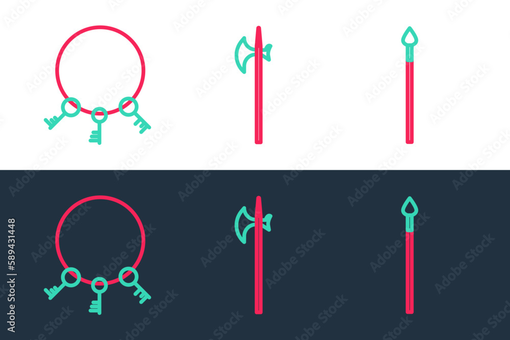 Set line Medieval spear, Old keys and halberd icon. Vector Set line Medieval spear, Old keys and halberd icon. Vector