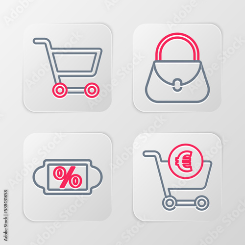 Set line Shopping cart and euro, Discount percent tag, Handbag and icon. Vector