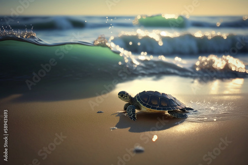 Generative AI image of baby sea turtle on the beach moving towards the ocean. Sea turtles are an endangered species 