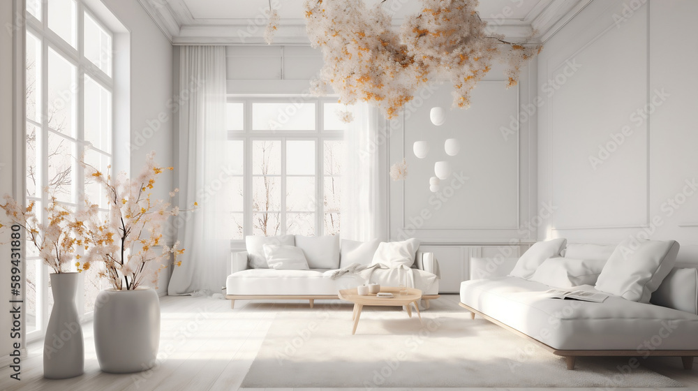 Fototapeta premium modern white interior design with spring decoration. Generative ai