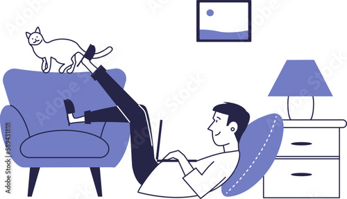 A man works at home on a laptop. Freelancing vector scene.