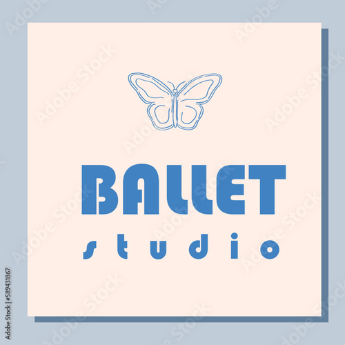 Theatre ticket design. Ballet school flyer template. Silhouette of a blue butterfly on white background. Blue card design. Vector illustration