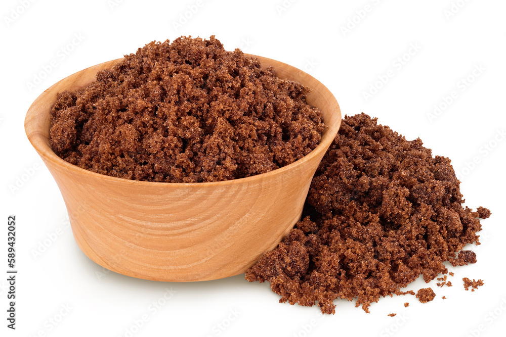 Dark muscovado sugar or Barbados sugar in wooden bowl isolated on white background Dark muscovado sugar or Barbados sugar in wooden bowl isolated on white background