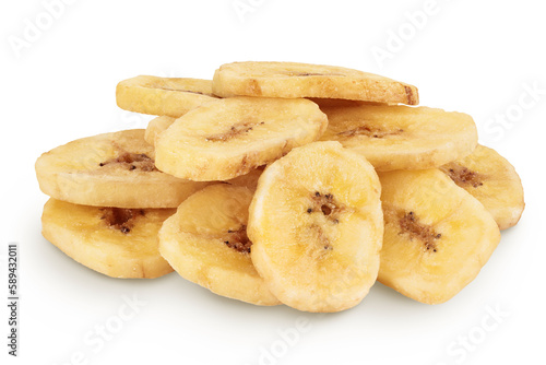 Dried banana chips isolated on white background with full depth of field
