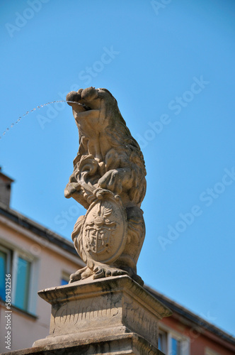 Fountain with lion. Lwowek Slaski, Lower Silesian Voivodeship, Poland.