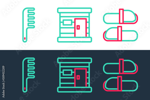 Set line Sauna slippers, Hairbrush and wooden bathhouse icon. Vector