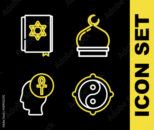 Set line Muslim Mosque, Yin Yang, Cross ankh and Jewish torah book icon. Vector