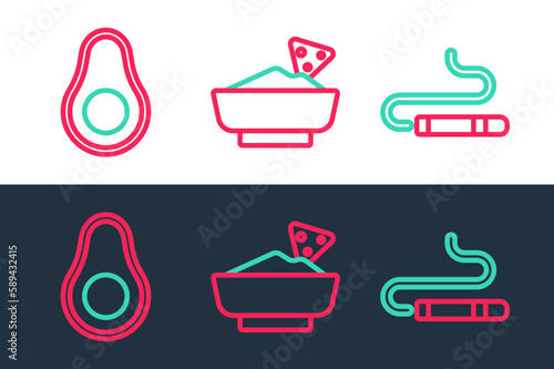 Set line Cigar, Avocado fruit and Nachos in bowl icon. Vector