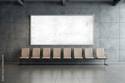 Front view on blank white poster with space for your logo or text on dark gray stone wall in stylish empty airport waiting area hall with stylish seat rows and wooden floor