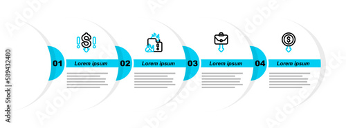 Set line Dollar rate decrease, Briefcase, Fire in burning house and icon. Vector