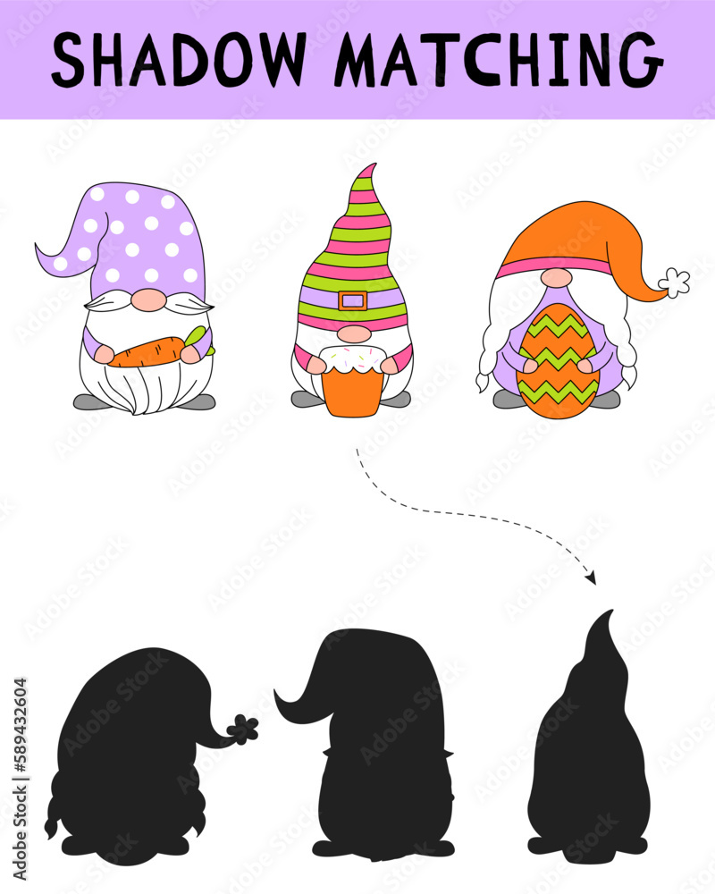 Cute Easter gnomes shadow matching activity for children. Simple ...