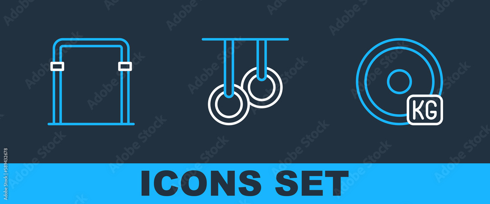 Set line Weight plate, Sport horizontal bar and Gymnastic rings icon. Vector Set line Weight plate, Sport horizontal bar and Gymnastic rings icon. Vector