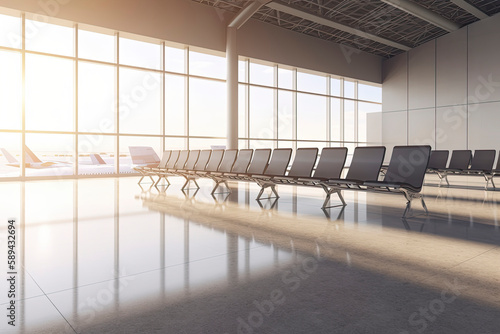 Travel and holidays concept with side view on light empty seat rows in sunlit spacious airport