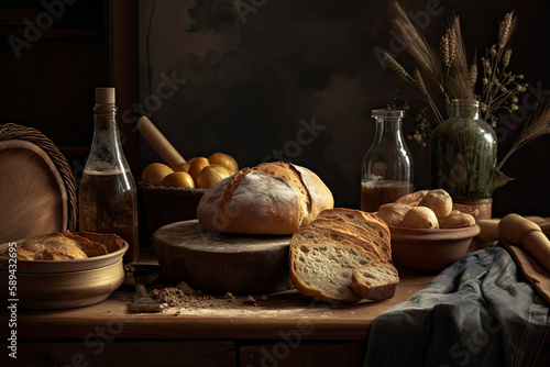 Still life with bread and its ingredients in vintage setting