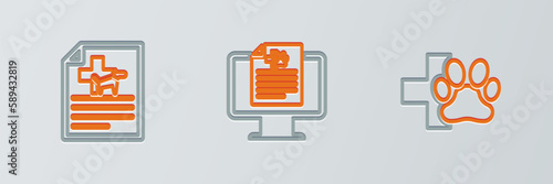 Set line Veterinary clinic, Medical certificate for dog or cat and Clinical record pet on monitor icon. Vector