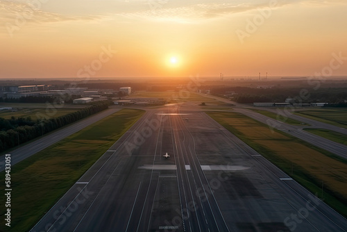 Aerial view on empty airport runaway with markings for landings © rufous