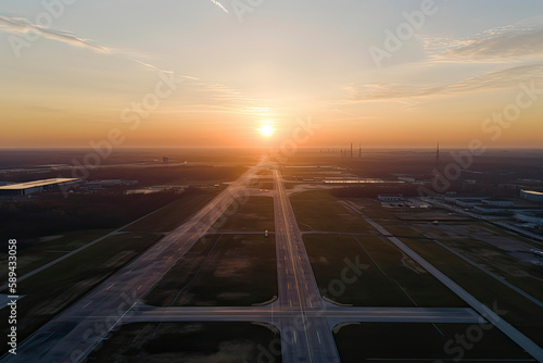 Aerial view on empty airport runaway with markings for landings