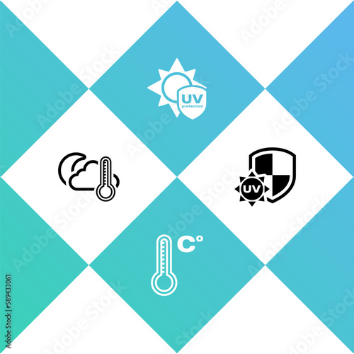 Set Thermometer and cloud, moon, Meteorology thermometer, UV protection and icon. Vector