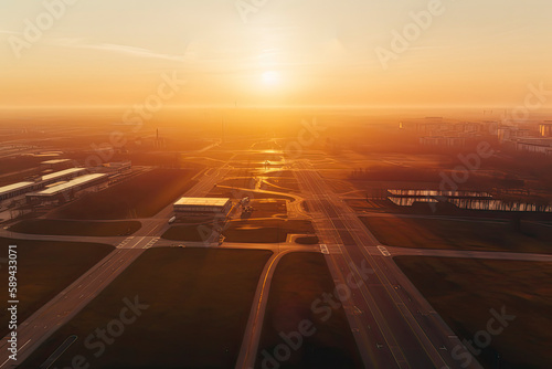 Aerial view on empty airport runaway with markings for landings