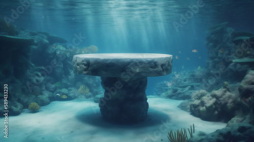 underwater scene with empty stone pedestal for product display. Generative ai