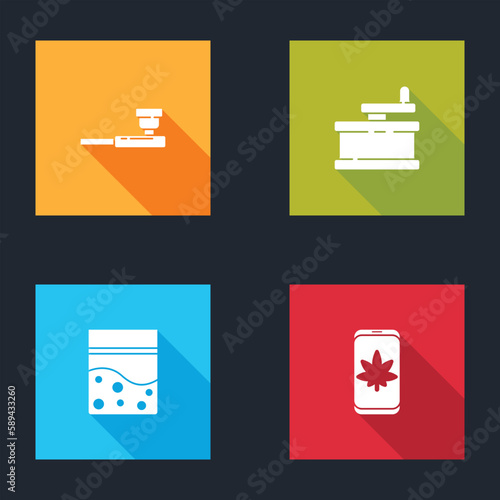 Set Smoking pipe, Manual grinder, Plastic bag of cannabis and Mobile and marijuana or icon. Vector