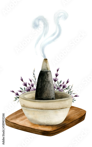 Lavender incense burner cone for aromatherapy clipart illustration. Aroma pyramid stick with smoke in ceramic bowl with purple avender flowers on wooden stand isolated on white background