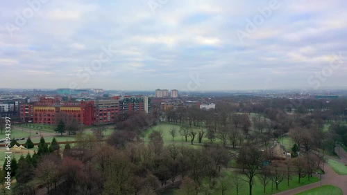 Aerial view over trees in urban park, Scotland photo