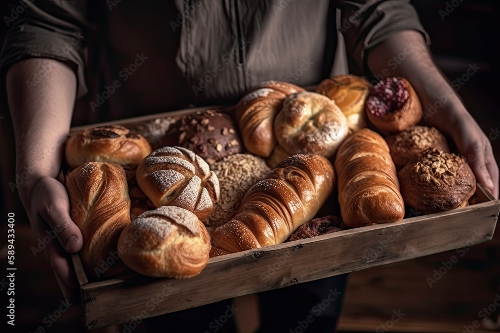 Bakery - various kinds of breadstuff on the rustic tray in baker's hands. Bread rolls, baguette, sweet bun and croissant - closeup Bakery - various kinds of breadstuff on the rustic tray in baker's hands. Bread rolls, baguette, sweet bun and croissant - closeup
