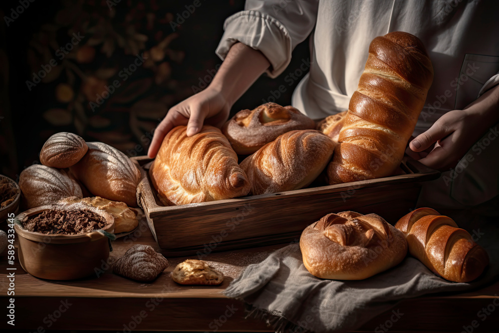 Bakery - various kinds of breadstuff on the rustic tray in baker's hands. Bread rolls, baguette, sweet bun and croissant - closeup Bakery - various kinds of breadstuff on the rustic tray in baker's hands. Bread rolls, baguette, sweet bun and croissant - closeup